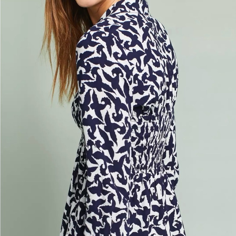 Anthropologie Maeve Alexa Smocked Small Tunic, Blue/White Pattern - Picture 3 of 11